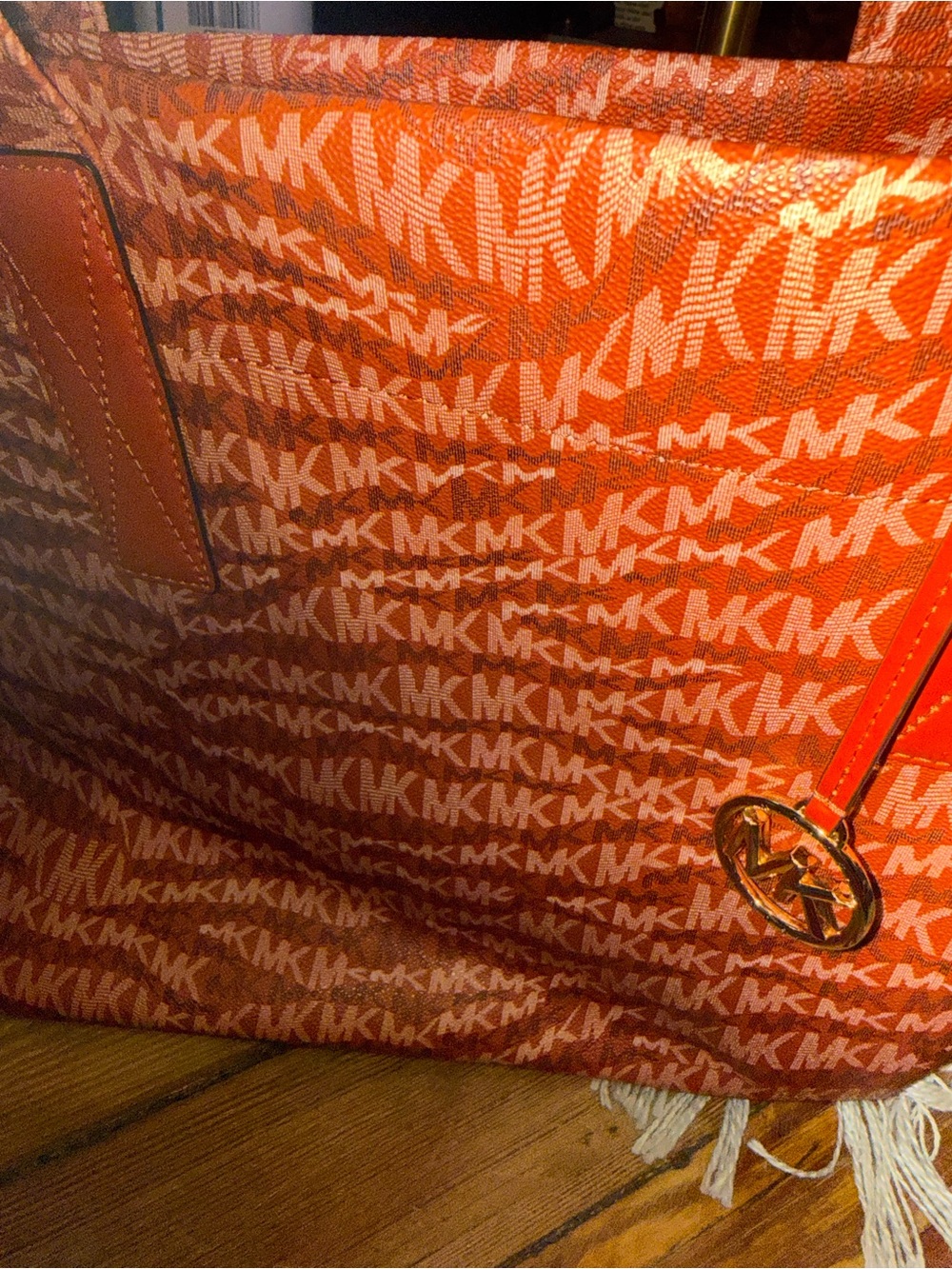 Michael Kors Coral-Red MK Logo Tote with Gold Accent - Picture 5 of 16